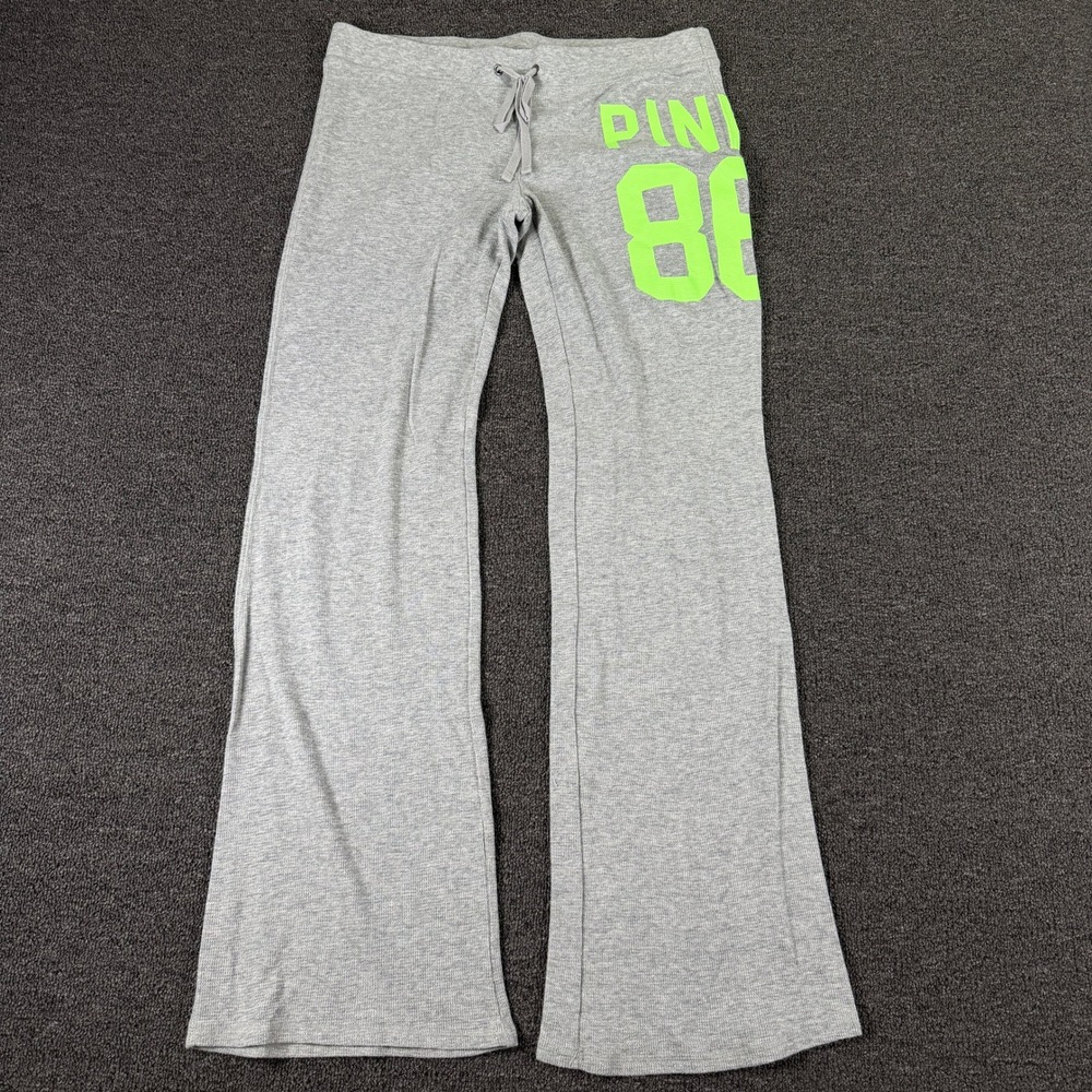 Victoria's Secret PINK Pajama Pants Womens M Waffle Knit Gray Neon EUC